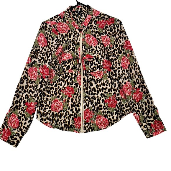 G By Guess Womens Leopard Floral Print Zip-Up Screw Buttons Cuff Blouse Small - Picture 1 of 8